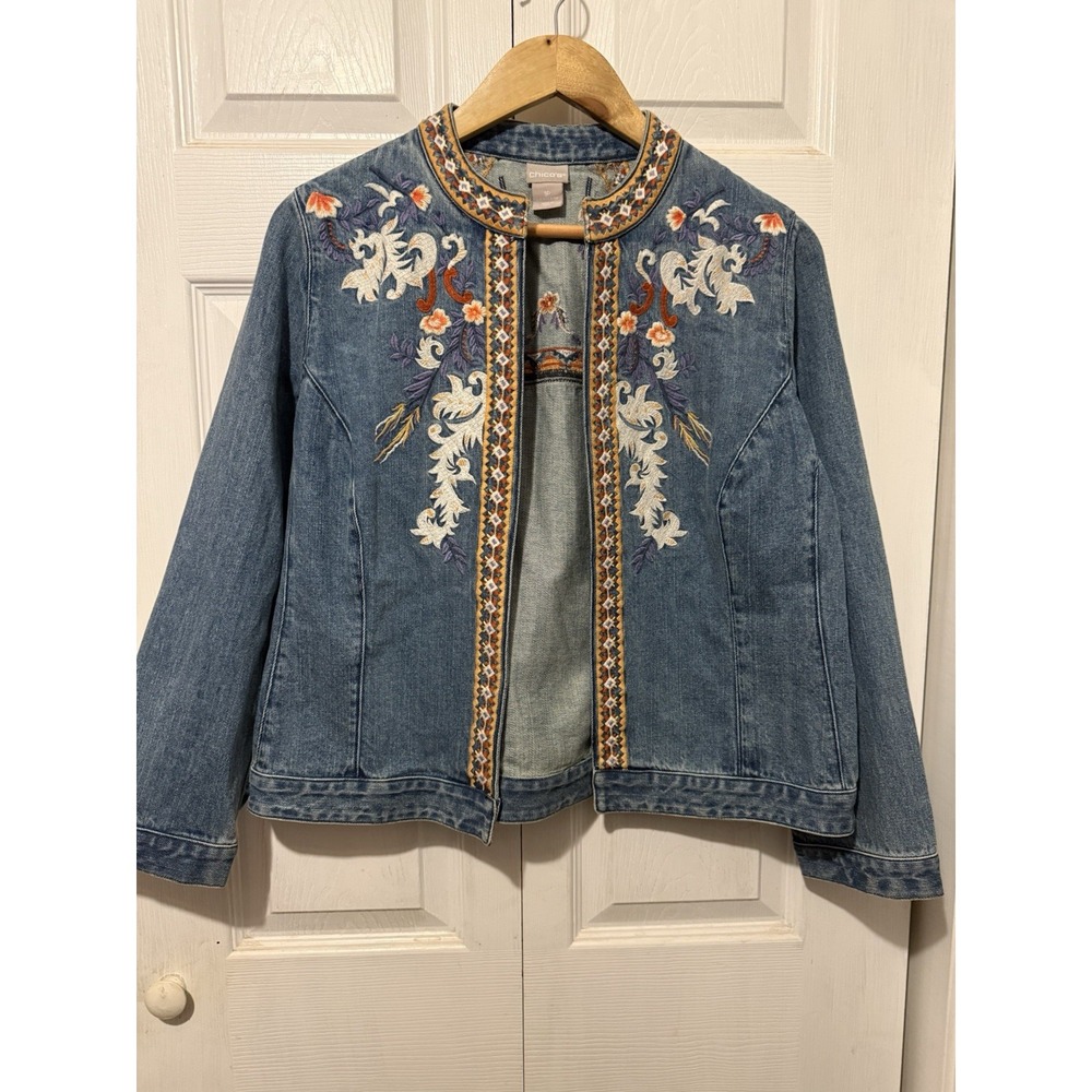 Chico's 1P Petite Embroidered Denim Jacket Boho Floral Folk Art 100% Cotton